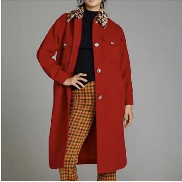 Anthropologie Jackets & Blazers - Anthropologie Red Coat with Leopard Collar